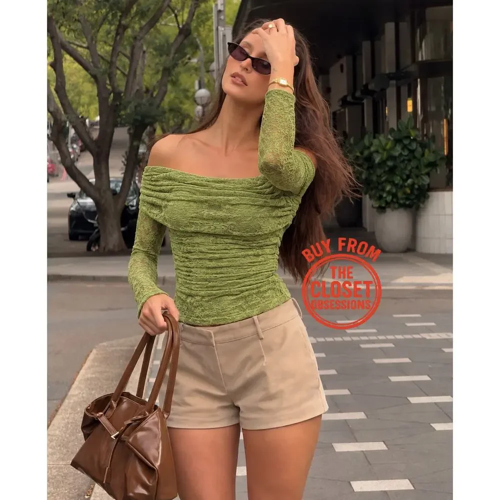 Zara NWT Pistachio Green Off Shoulder Lace Mesh Top M